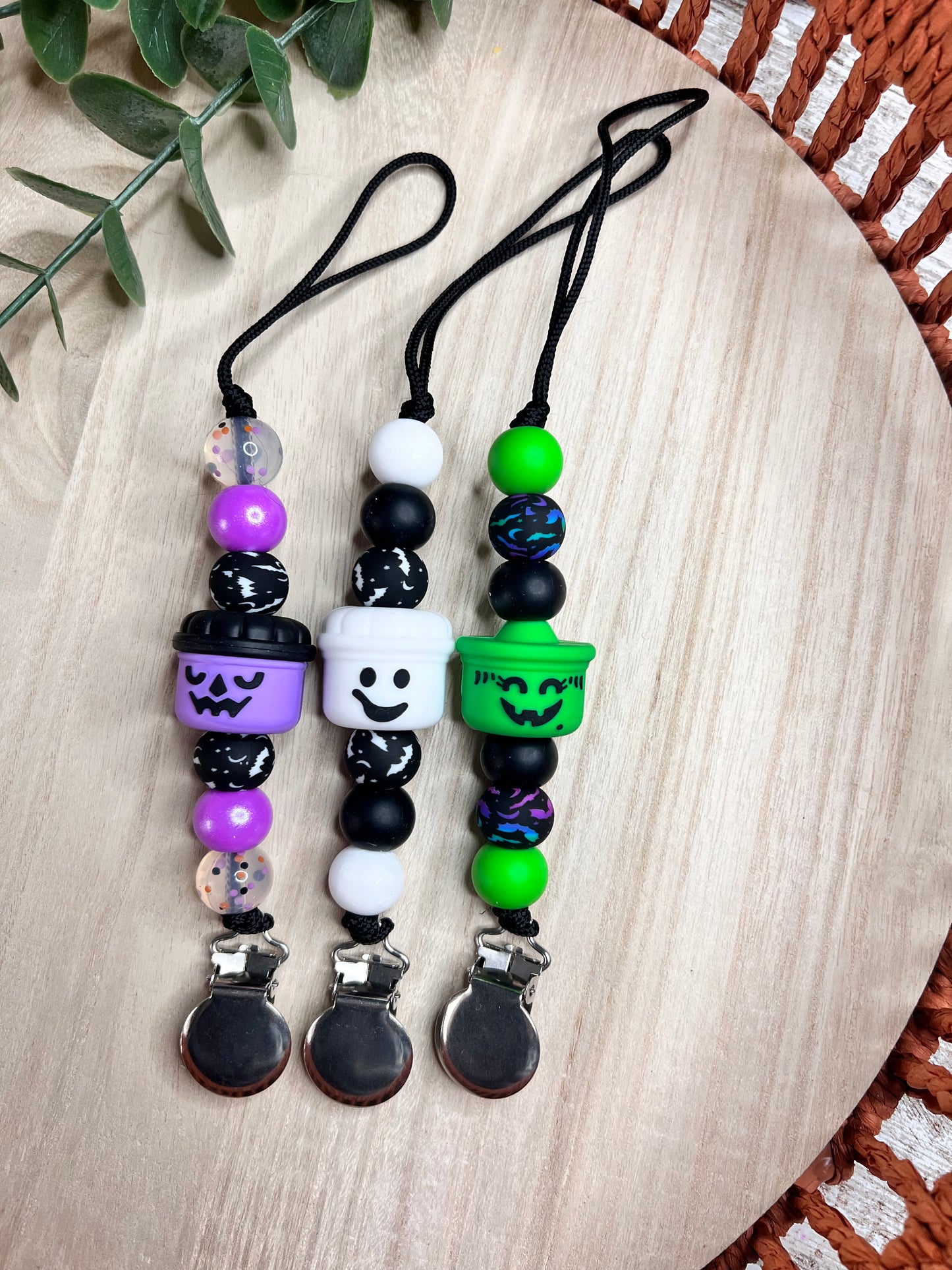 Halloween B o o Bucket Pacifier Clips